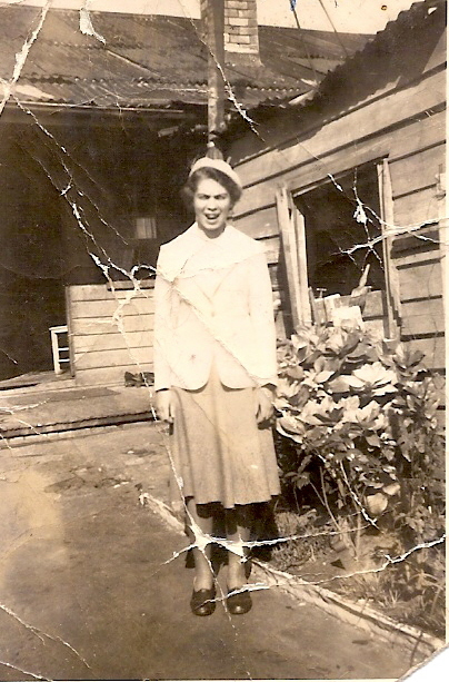 Margaret Slowgrove, dressed in NSW Vigoro Uniform at Underwood St, Botany, 1952